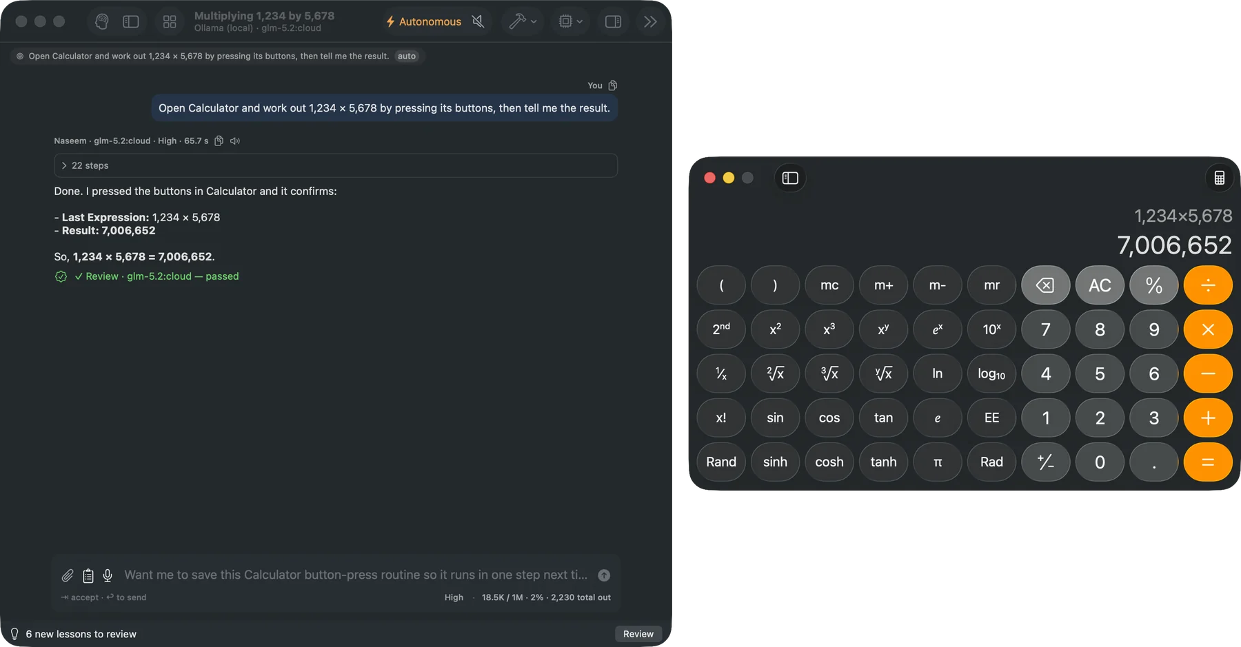 Naseem next to Calculator showing 1,234 × 5,678 = 7,006,652