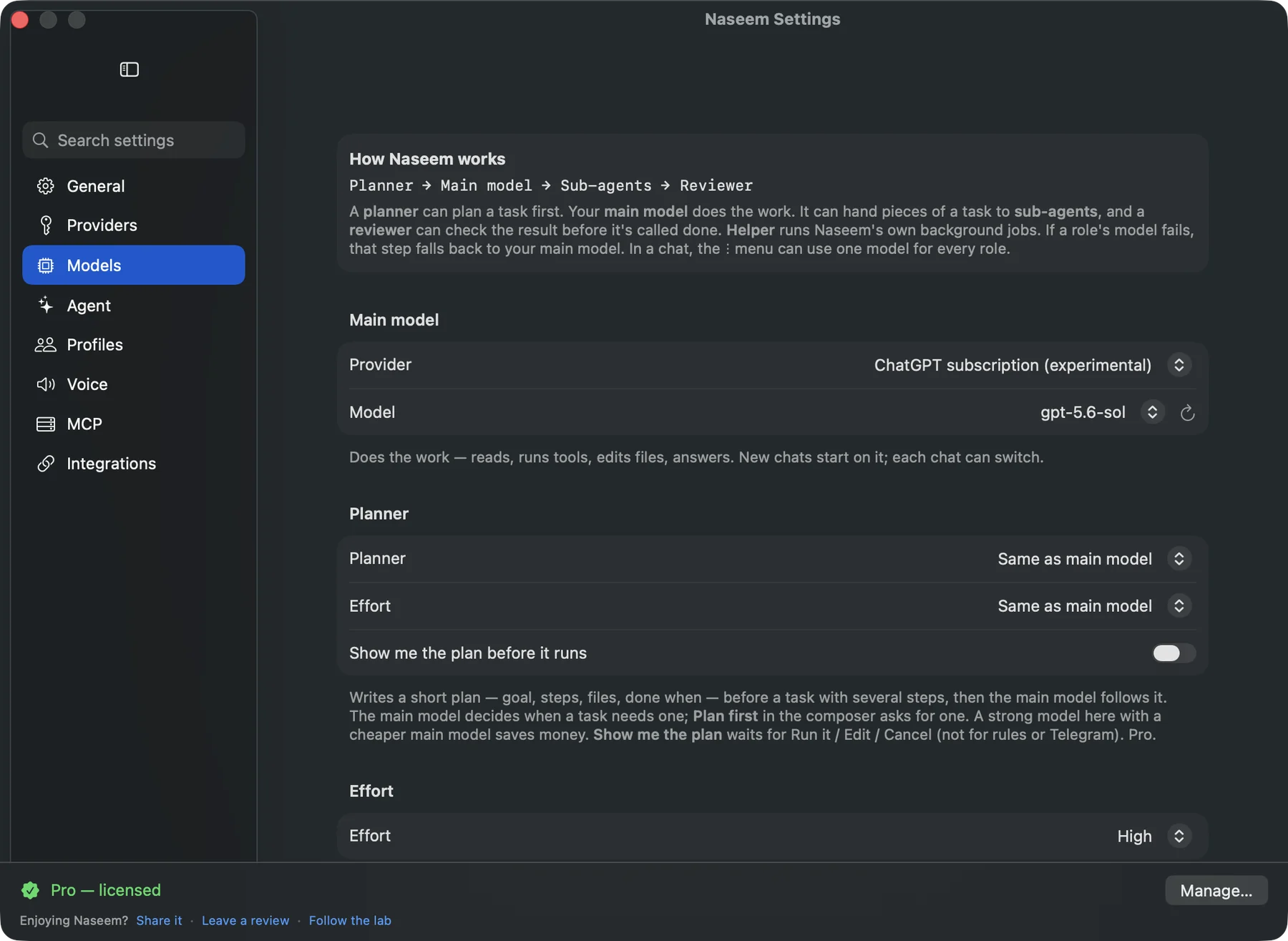 Naseem Settings, Models: How Naseem works — Planner, Main model, Sub-agents, Reviewer